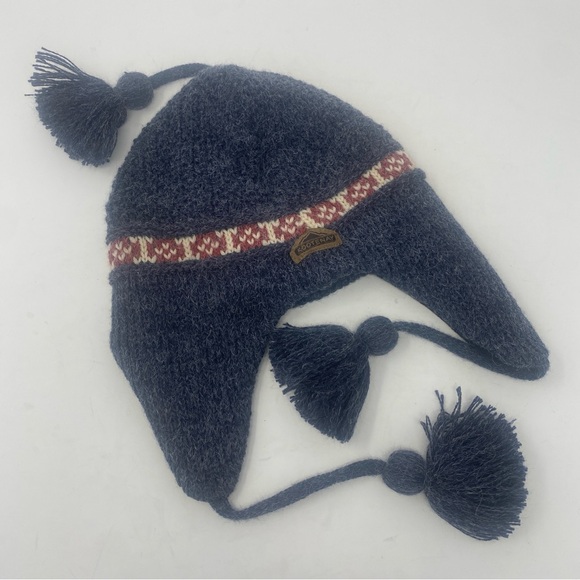 KOOTENAY Kintting Co Blue Lined Soft Winter Wool Blend Cap Hat Tassels - Picture 3 of 11